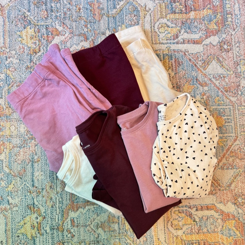 HM Kids Girls 7pc Lot Long Sleeve Tops Leggings Hearts Burgundy Pink Cream 4-6YR